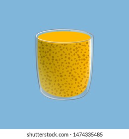 Chia seed mango pudding. Healthy vegan snack in glass. Vector illstration isolated on blue background.