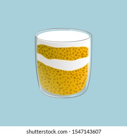 Chia seed mango pudding. Healthy vegan snack in glass with whipped cream. Vector illstration isolated on blue background.