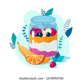 Chia seed mango strawberry pudding vector illustration.