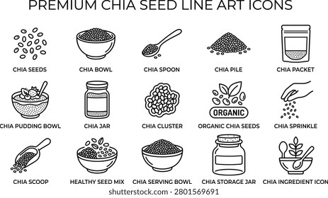 Chia Seed Monoline Icons, Clean Outline Pudding and Bowl Line Art Vector Set
