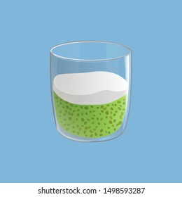 Chia seed pudding with green match tea. Vegan healthy snack in glass. Vector illstration isolated on blue background.
