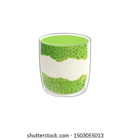 Chia seed pudding with green match tea. Vegan healthy snack in glass. Vector illstration isolated on white background.