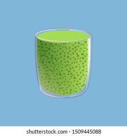 Chia seed pudding with green match tea. Vegan healthy snack in glass. Vector illstration isolated on blue background.