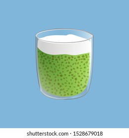 Chia seed pudding with green match tea. Vegan healthy snack in glass. Vector illstration isolated on blue background.
