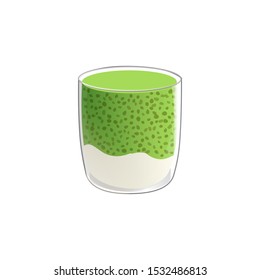 Chia seed pudding with green match tea. Vegan healthy snack in glass. Vector illstration isolated on white background.