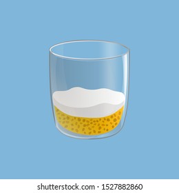 Chia seed pudding. Healthy vegan snack in glass with mango and cream. Vector illstration isolated on blue background.