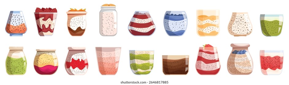 Chia seed pudding icons set. Various chia seed puddings are displayed, showcasing diverse flavors and presentations
