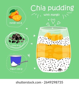 Pudim de semente de chia com manga. Receita de superalimento saudável. Lanche saudável vegan em vidro. Isolamento de ilustração vetorial