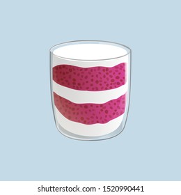 Chia seed pudding. Raspberry vegan snack in glass with cream. Vector illstration isolated on blue background.