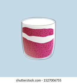 Chia seed pudding. Raspberry vegan snack in glass with cream. Vector illstration isolated on blue background.