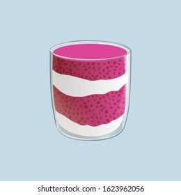 Chia seed pudding. Raspberry vegan snack in glass with cream. Vector illstration isolated on blue background.