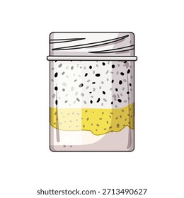 Pudín de semillas de chía con varias capas de frutas y yogur en un frasco de vidrio que representa conceptos saludables de desayuno, refrigerio y alimentación vegana para la nutrición y el bienestar