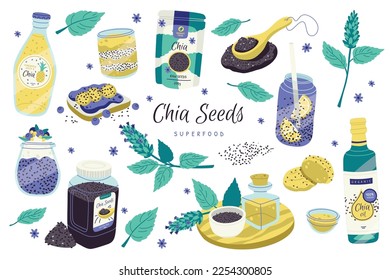 Chia Samen flache Symbole Set. Geschmackvolle und gesunde Desserts und Saft. Ananas-Pudding, Schia-Sandwich und Öl. Nahrungsergänzungsmittel. Bio-Körner Farbisolierte Illustrationen