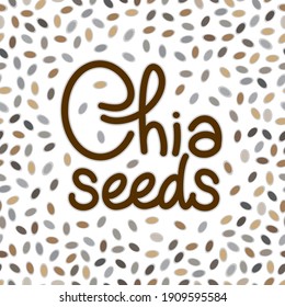 Vector del logotipo de semillas de chía con letras manuscritas con una dispersión de semillas alrededor. Comida saludable, supercomida. logotipo hecho a mano para paquete, marca.