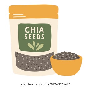 Chia seeds in a package with small bowl, minimal flat food illustration isolated on white background.