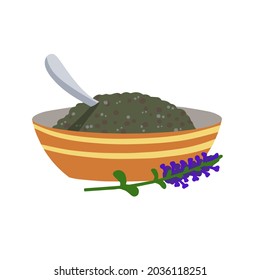 Chia seeds in plate. Detox and antioxidant. Healthy diet and super food in bowl. Flat cartoon