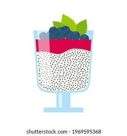 Chia seeds pudding with berry mousse and mint leaves. Isolated vector illustration
