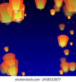 Chiang Mai celebration of Loy Krathong. Thailand holiday with paper lantern lights flying in the night sky. Chiang Mai cultural tradition. Vector illustration on dark blue background.