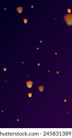 Chiang Mai celebration of Loy Krathong. Thailand holiday with paper lantern lights flying in the night sky. Chiang Mai cultural tradition. Vector illustration on purple gradient background.