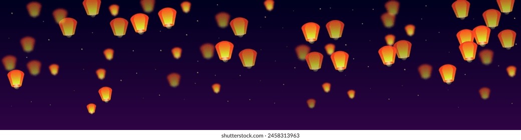 Chiang Mai celebration of Loy Krathong. Thailand holiday with paper lantern lights flying in the night sky. Chiang Mai cultural tradition. Vector illustration on purple gradient background.