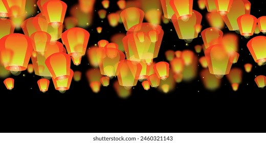 Chiang Mai celebration of Loy Krathong. Thailand holiday with paper lantern lights flying in the night sky. Chiang Mai cultural tradition. Vector illustration on black background.