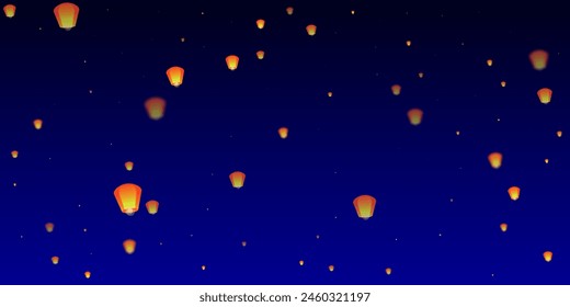 Chiang Mai celebration of Loy Krathong. Thailand holiday with paper lantern lights flying in the night sky. Chiang Mai cultural tradition. Vector illustration on dark blue background.