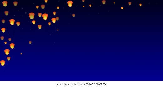 Chiang Mai celebration of Loy Krathong. Thailand holiday with paper lantern lights flying in the night sky. Chiang Mai cultural tradition. Vector illustration on dark blue background.