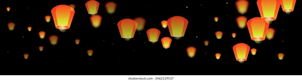 Chiang Mai celebration of Loy Krathong. Thailand holiday with paper lantern lights flying in the night sky. Chiang Mai cultural tradition. Vector illustration on black background.