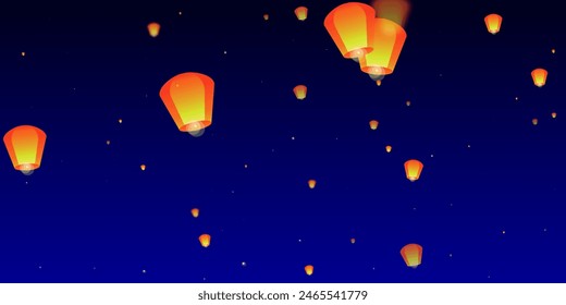 Chiang Mai celebration of Loy Krathong. Thailand holiday with paper lantern lights flying in the night sky. Chiang Mai cultural tradition. Vector illustration on dark blue background.