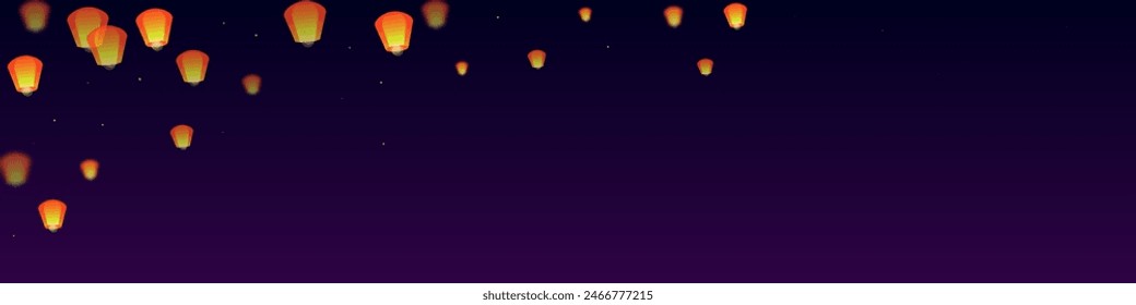 Chiang Mai celebration of Loy Krathong. Thailand holiday with paper lantern lights flying in the night sky. Chiang Mai cultural tradition. Vector illustration on purple gradient background.