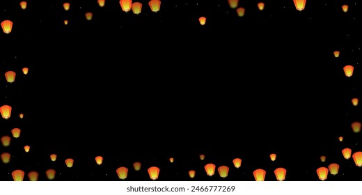 Chiang Mai celebration of Loy Krathong. Thailand holiday with paper lantern lights flying in the night sky. Chiang Mai cultural tradition. Vector illustration on black background.