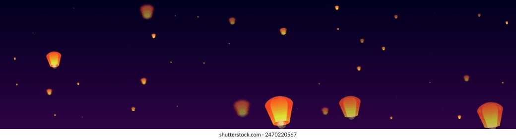 Chiang Mai celebration of Loy Krathong. Thailand holiday with paper lantern lights flying in the night sky. Chiang Mai cultural tradition. Vector illustration on purple gradient background.