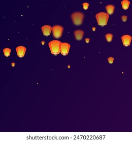 Chiang Mai celebration of Loy Krathong. Thailand holiday with paper lantern lights flying in the night sky. Chiang Mai cultural tradition. Vector illustration on purple gradient background.