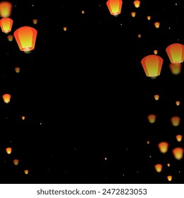 Chiang Mai celebration of Loy Krathong. Thailand holiday with paper lantern lights flying in the night sky. Chiang Mai cultural tradition. Vector illustration on black background.