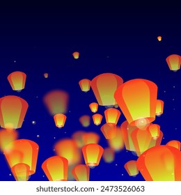 Chiang Mai celebration of Loy Krathong. Thailand holiday with paper lantern lights flying in the night sky. Chiang Mai cultural tradition. Vector illustration on dark blue background.