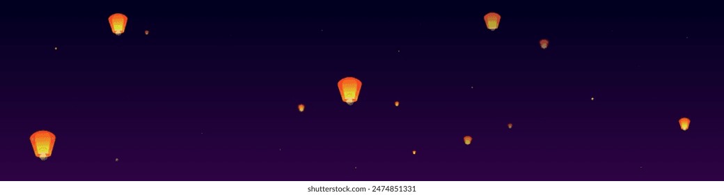 Chiang Mai celebration of Loy Krathong. Thailand holiday with paper lantern lights flying in the night sky. Chiang Mai cultural tradition. Vector illustration on purple gradient background.