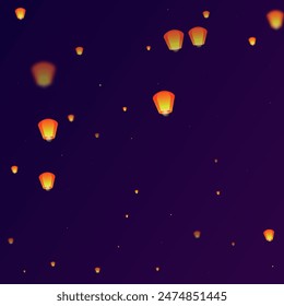 Chiang Mai celebration of Loy Krathong. Thailand holiday with paper lantern lights flying in the night sky. Chiang Mai cultural tradition. Vector illustration on purple gradient background.