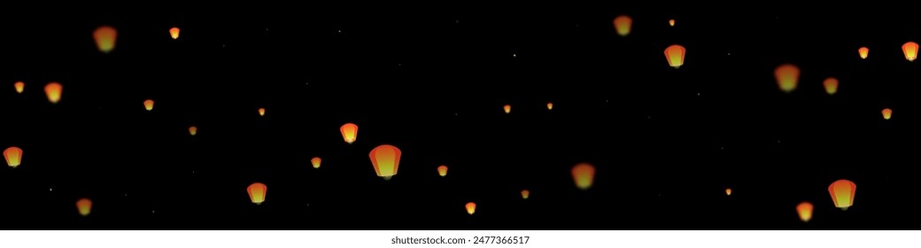 Chiang Mai celebration of Loy Krathong. Thailand holiday with paper lantern lights flying in the night sky. Chiang Mai cultural tradition. Vector illustration on black background.