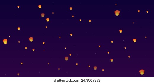 Chiang Mai celebration of Loy Krathong. Thailand holiday with paper lantern lights flying in the night sky. Chiang Mai cultural tradition. Vector illustration on purple gradient background.