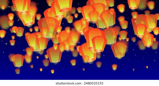 Chiang Mai celebration of Loy Krathong. Thailand holiday with paper lantern lights flying in the night sky. Chiang Mai cultural tradition. Vector illustration on dark blue background.