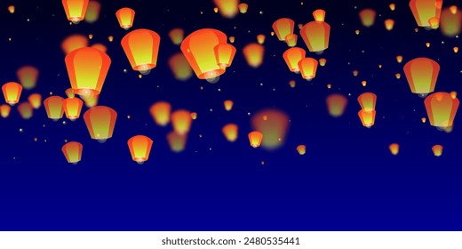 Chiang Mai celebration of Loy Krathong. Thailand holiday with paper lantern lights flying in the night sky. Chiang Mai cultural tradition. Vector illustration on dark blue background.