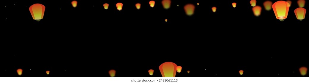 Chiang Mai celebration of Loy Krathong. Thailand holiday with paper lantern lights flying in the night sky. Chiang Mai cultural tradition. Vector illustration on black background.