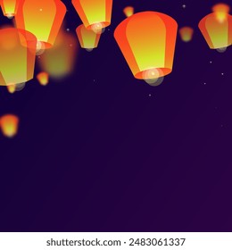 Chiang Mai celebration of Loy Krathong. Thailand holiday with paper lantern lights flying in the night sky. Chiang Mai cultural tradition. Vector illustration on purple gradient background.