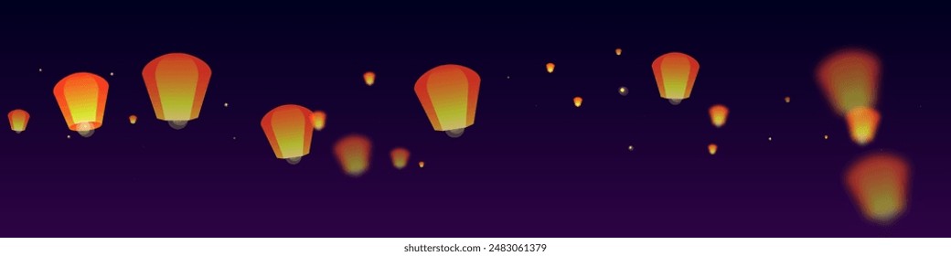 Chiang Mai celebration of Loy Krathong. Thailand holiday with paper lantern lights flying in the night sky. Chiang Mai cultural tradition. Vector illustration on purple gradient background.