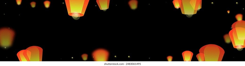 Chiang Mai celebration of Loy Krathong. Thailand holiday with paper lantern lights flying in the night sky. Chiang Mai cultural tradition. Vector illustration on black background.