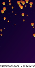 Chiang Mai celebration of Loy Krathong. Thailand holiday with paper lantern lights flying in the night sky. Chiang Mai cultural tradition. Vector illustration on purple gradient background.