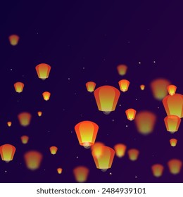 Chiang Mai celebration of Loy Krathong. Thailand holiday with paper lantern lights flying in the night sky. Chiang Mai cultural tradition. Vector illustration on purple gradient background.