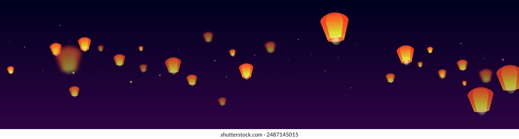 Chiang Mai celebration of Loy Krathong. Thailand holiday with paper lantern lights flying in the night sky. Chiang Mai cultural tradition. Vector illustration on purple gradient background.