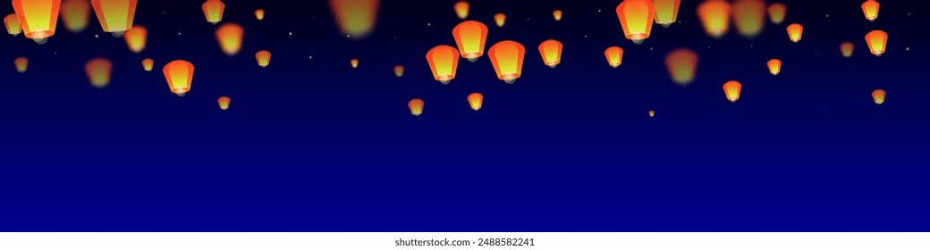 Chiang Mai celebration of Loy Krathong. Thailand holiday with paper lantern lights flying in the night sky. Chiang Mai cultural tradition. Vector illustration on dark blue background.