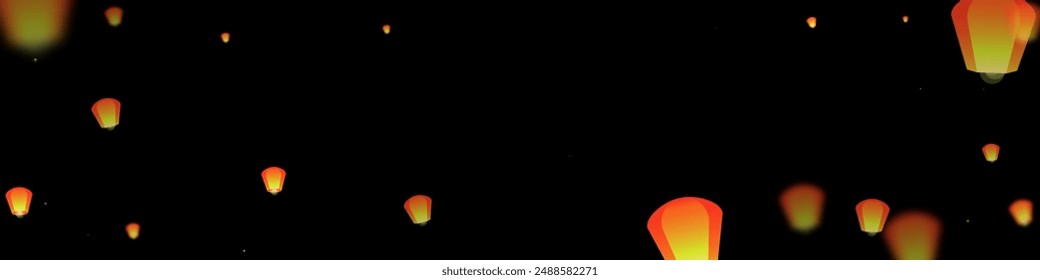 Chiang Mai celebration of Loy Krathong. Thailand holiday with paper lantern lights flying in the night sky. Chiang Mai cultural tradition. Vector illustration on black background.